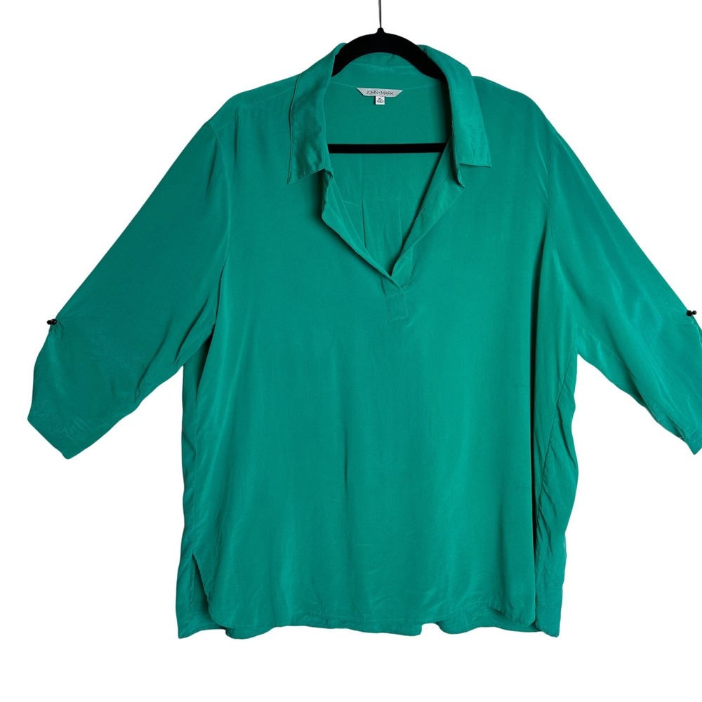 JOHN MARK Women XL Green Silk Collared V Neck Sleeve Tunic Top